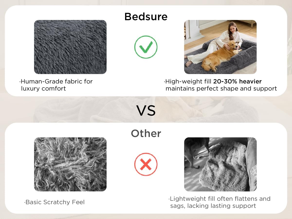 Bedsure Foldable Human Dog Bed -Giant Dog Bed for Adult People with Supportive Bolster Egg Foam, Waterproof Liner, Calming Fluffy Faux Fur Orthopedic Big Bean Bed, Light Grey