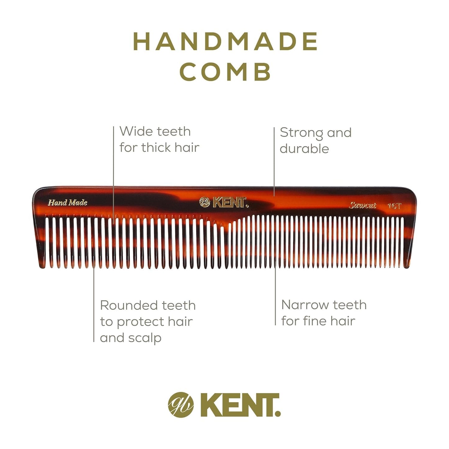Kent 16T-16TG Fine Tooth and Wide Tooth Comb for Daily Grooming, Handmade Styling Comb for All Hair Types, Styling and Detangling Combs for Men and Women