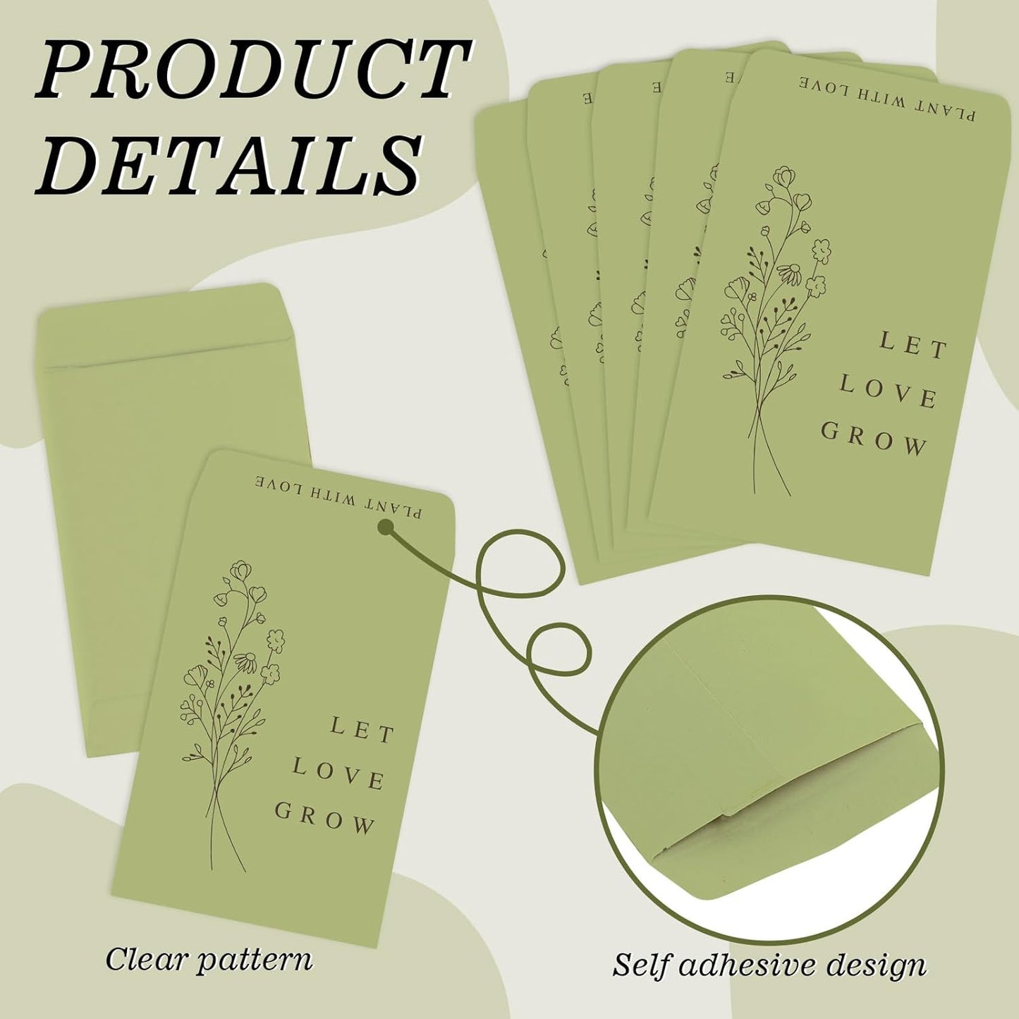 Whaline 200 Pcs Self Adhesive Wedding Favor Seed Packets Let Love Grow Green Envelope Minimalist Storage Pockets for Garden Office Gift Party Supplies, 3.5 x 2.4 Inch
