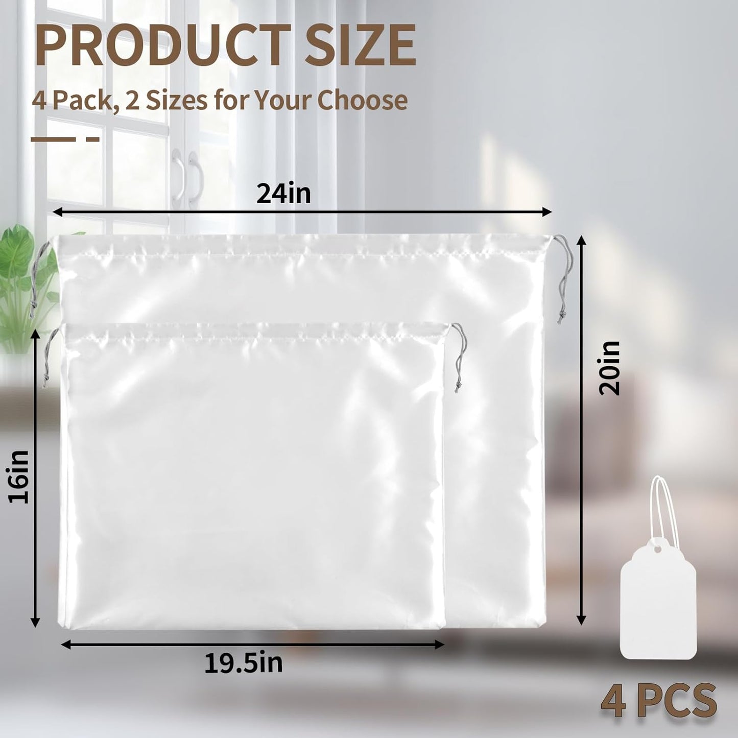 4 Pack Dust Bags for Handbags, Dust Cover Bag for Handbags Purses Cloth Shoes, Silk Large & Middle Daily Travel Storage Pouch Dustproof Drawstring Bag (White, 2 PCS, 24 x 20", 2 PCS, 19.5 x 16")