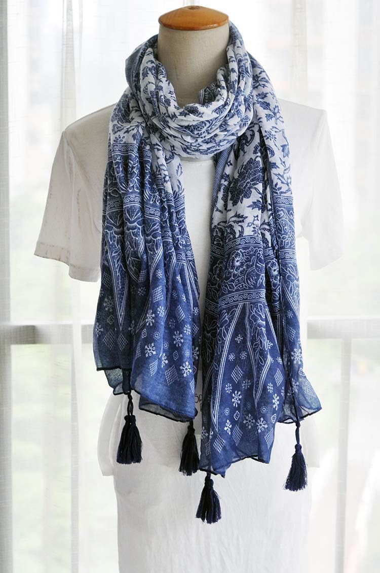 GUZOSJO Women's Boho Cotton Hemp Lightweight Floral Printed Scarf Long Shawl Wrap Scarf Head Shawl for Fall Spring