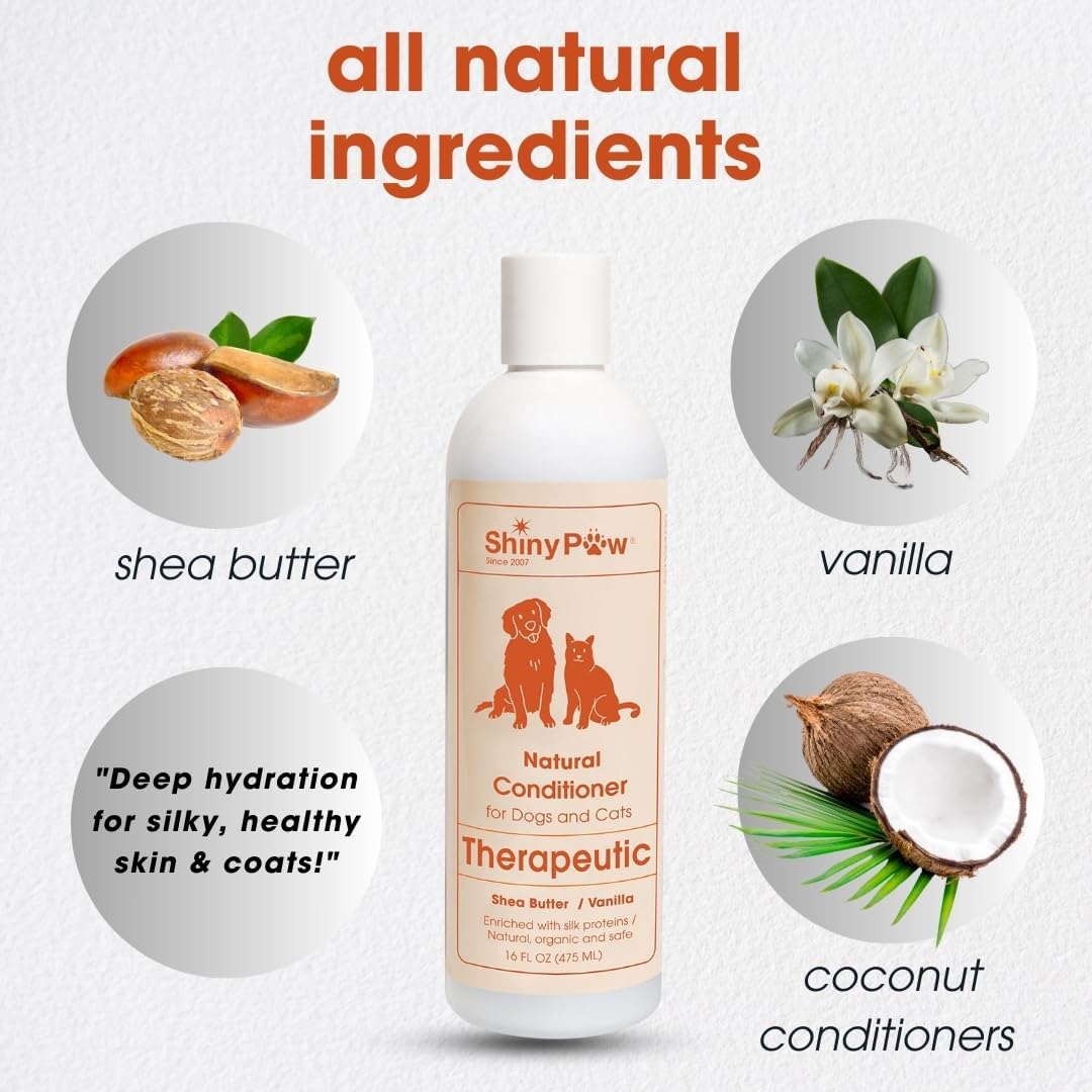 Dog Conditioner for Allergies and Itching | Shiny Paw Shea Butter & Vanilla Conditioner for Dogs & Cats | Dog Matted Hair Detangler | Made in The USA | 16 oz
