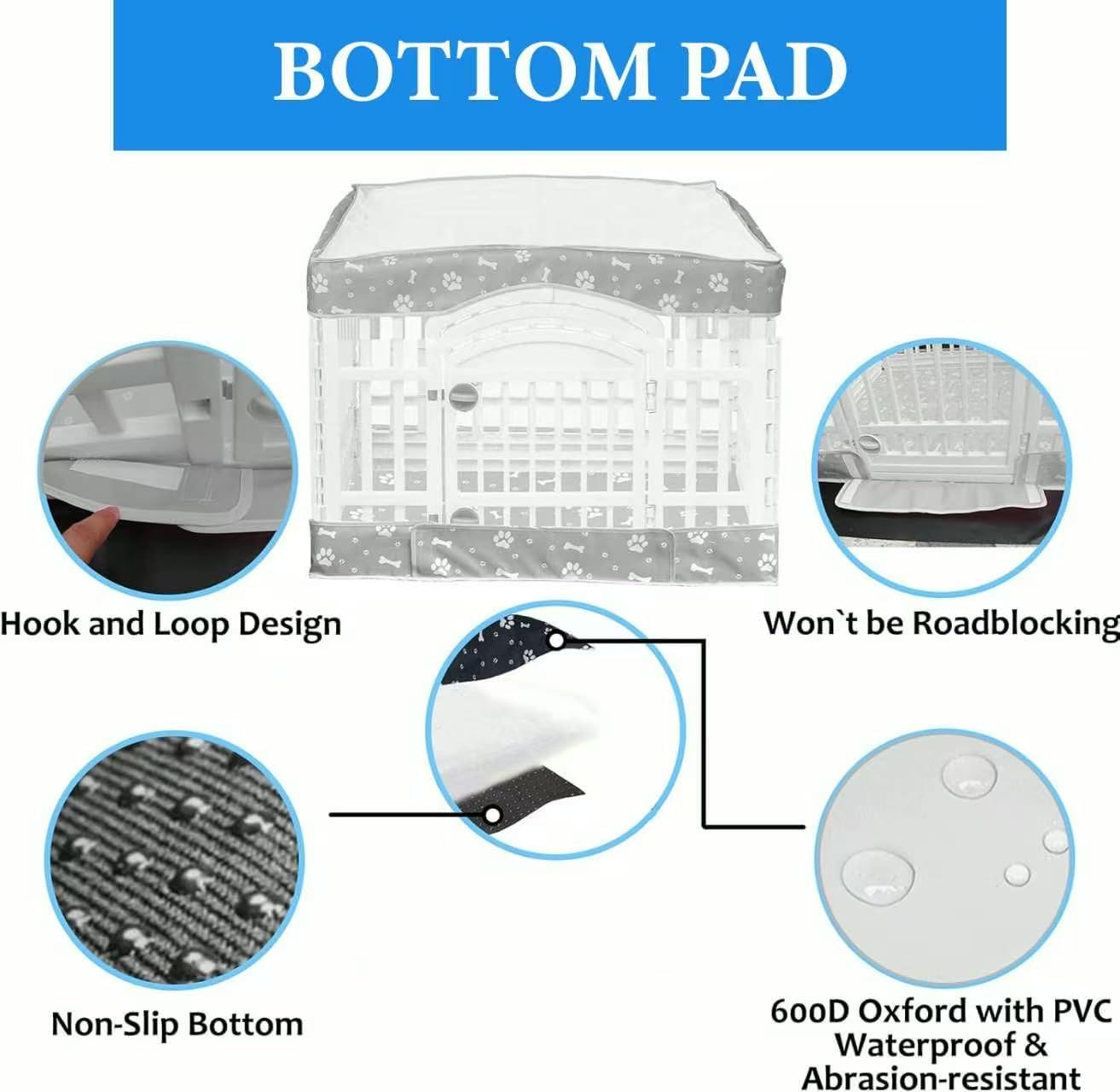 Dog Playpen Bottom Pad and Mesh Top Cover fit 36" x 36“ Puppy Playpen(Fence NOT Included),Reusable for Pet Training,Dog Crate,Waterproof Pet Pee Pads,Whelping,Puppies/Small Dogs,Hoop&Loop Design,Gray