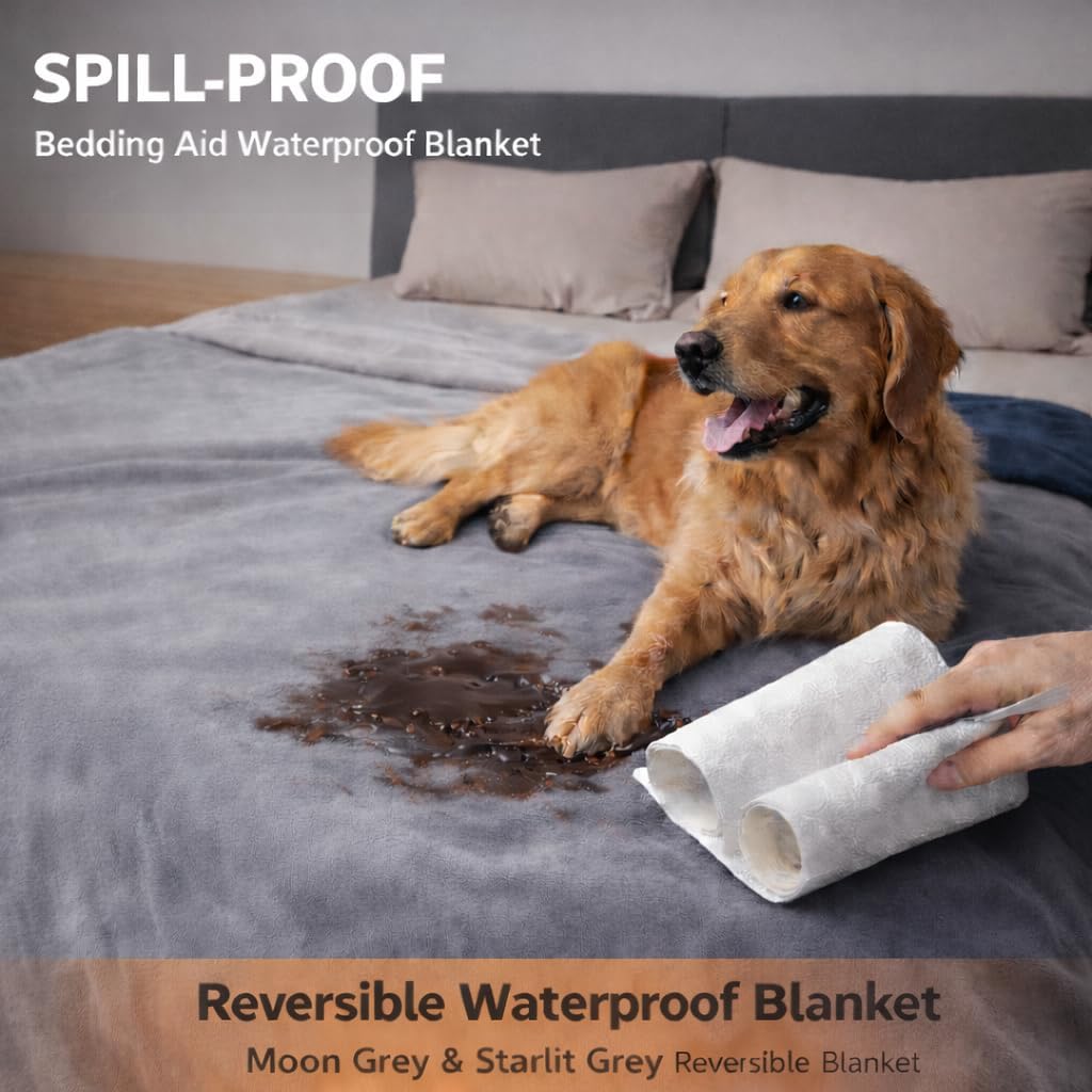 Waterproof Throw Blanket – Leakproof, Spill-Proof Flannel Blanket for Bed, Couch, Kids & Pets Protection, Reversible Water-Proof Design (Moon Grey & Starlit Grey, 40x60”)