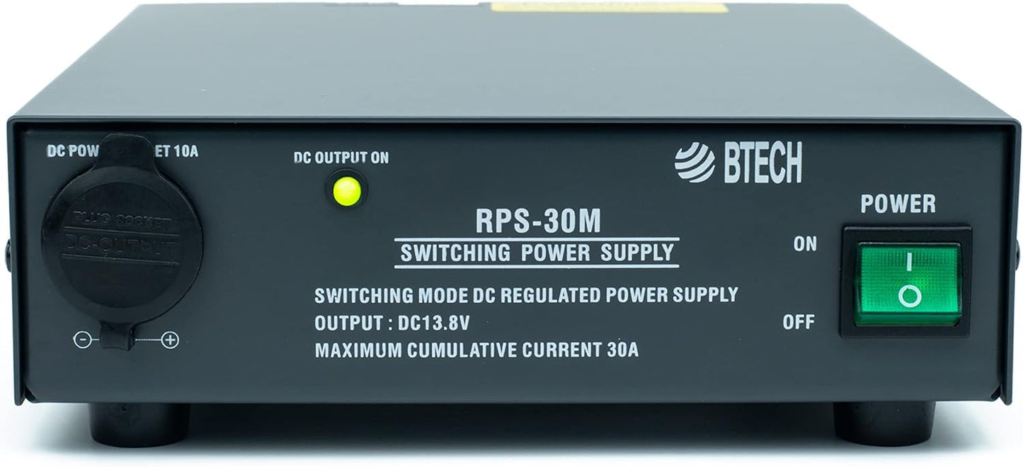 BTECH RPS-30M 30 Amp Compact Regulated Bench Power Supply - 13.8V AC-to-DC Converter with Screw Terminals & Cigarette Plug Output