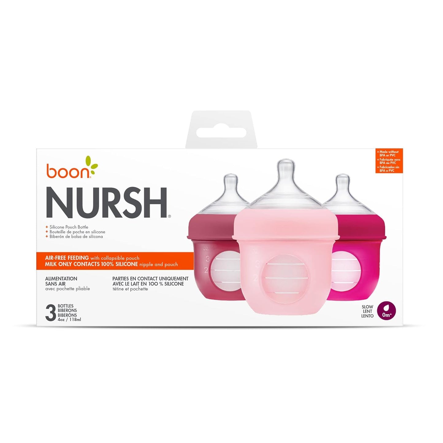 Boon Nursh Reusable Silicone Pouch Baby Bottles - Slow Flow Nipple - Silicone Baby Bottle Pouch and Nipple - Baby Feeding Essentials - Pink - 0-3 Months - 3 Count - 4 Ounce