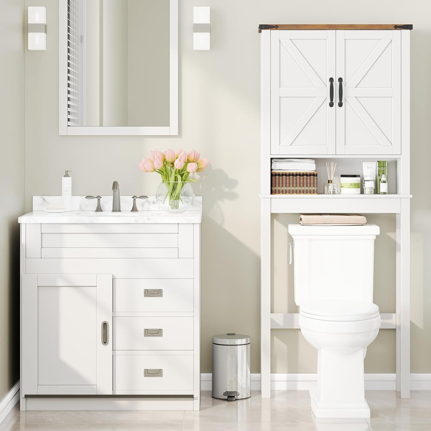 Over The Toilet Storage Cabinet, Farmhouse Over Toilet Bathroom Organizer with 2 Barn Doors, Narrow Above Toilet Storage Cabinet, Behind Toilet Bathroom Organizer (Rustic White)