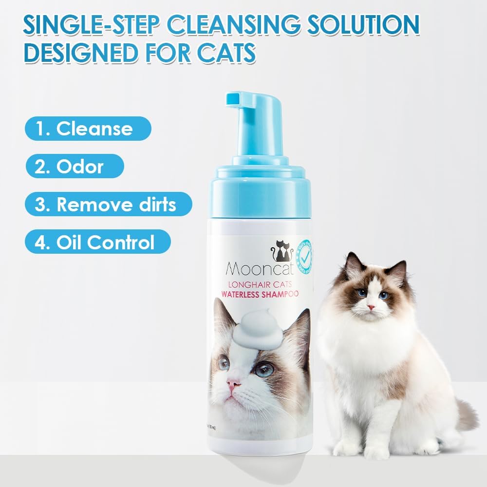 Mooncat Waterless Cat Shampoo for Longhair Cats | Licking Safe No-Rinse Dry Foam Bath for Detangling Matted Fur | Gentle Formula for Kittens & Sensitive Skin, pH Balanced - 5oz