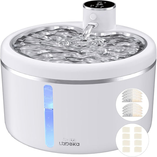Wireless Cat Water Fountain with Stainless Steel Tray, 102oz/3L Pet Water Fountain for Cats Inside, Cat Fountain for Drinking with Motion Sensor, Ultra Quiet Pump, Cats & Dogs Gifts-8Filters