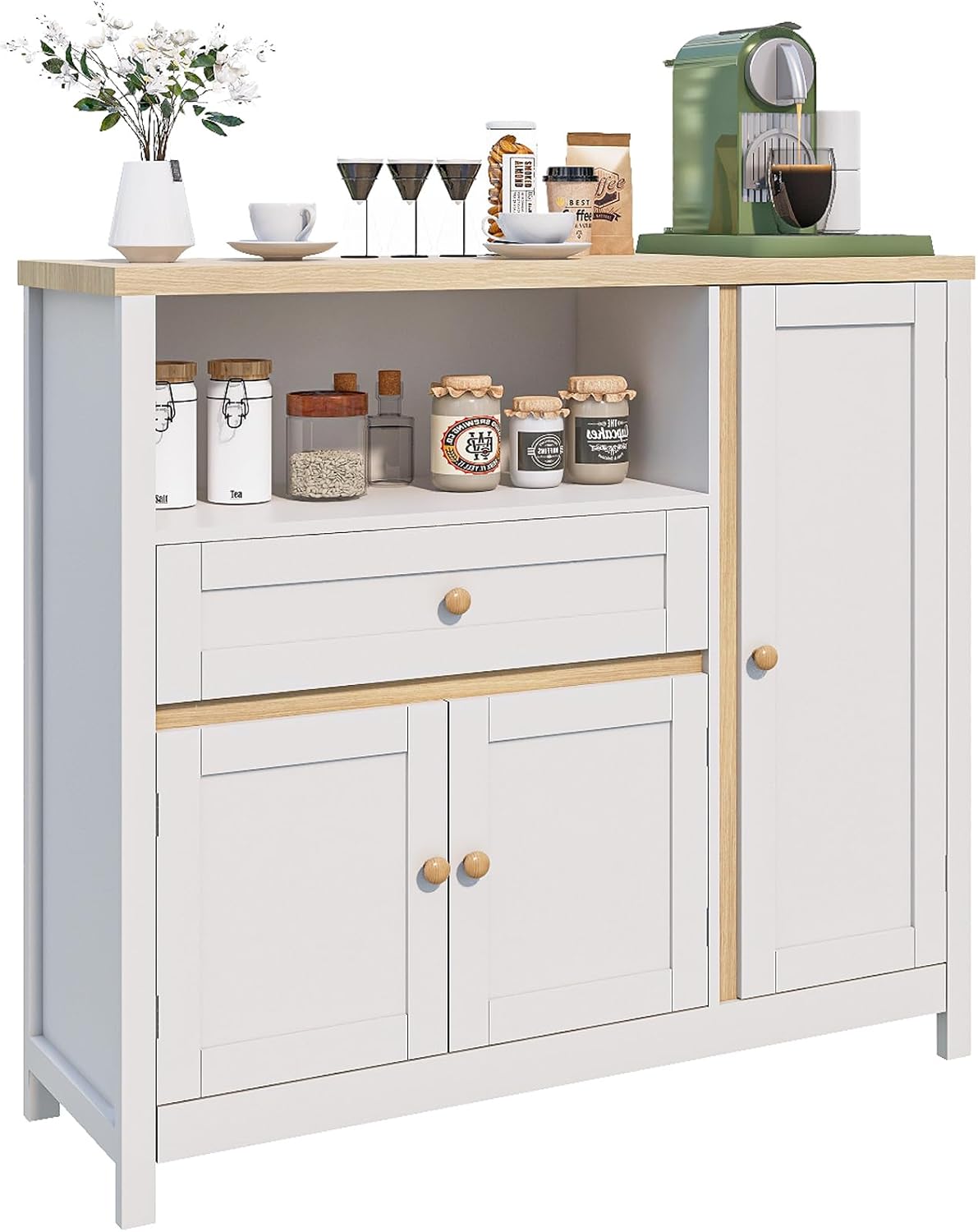 Storage Cabinet with Doors and Drawers,Kitchen Storage Cabinets，with Drawer and Adjustable Shelf（White）