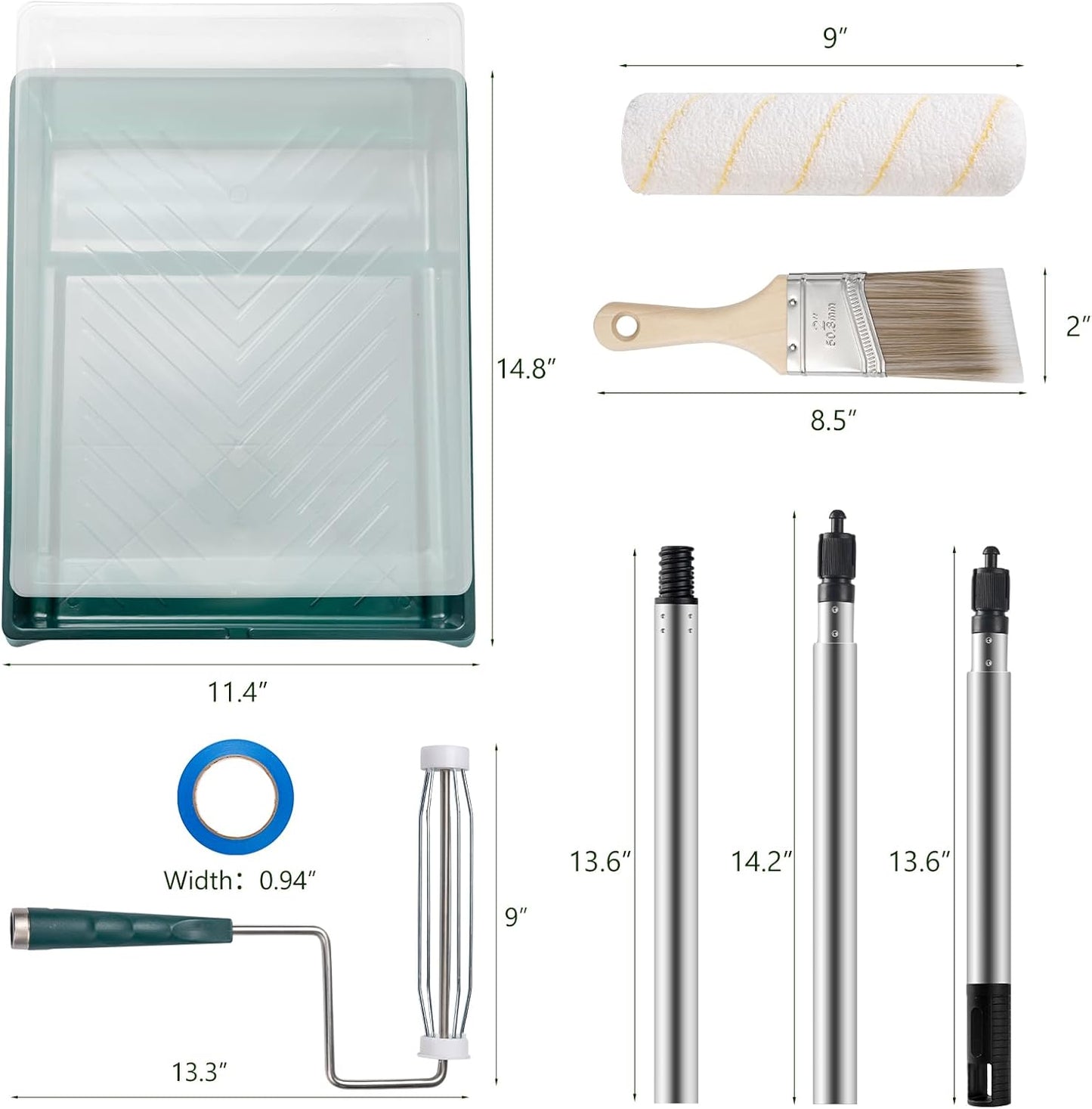 Paint Roller Kit with Extension Pole, 9 Inch Paint Roller, Paint Tray with Liner, Paint Brush & Tape, Professional Microfiber Painting Supplies for Painting Walls, Ceilings and Home (3 FT)