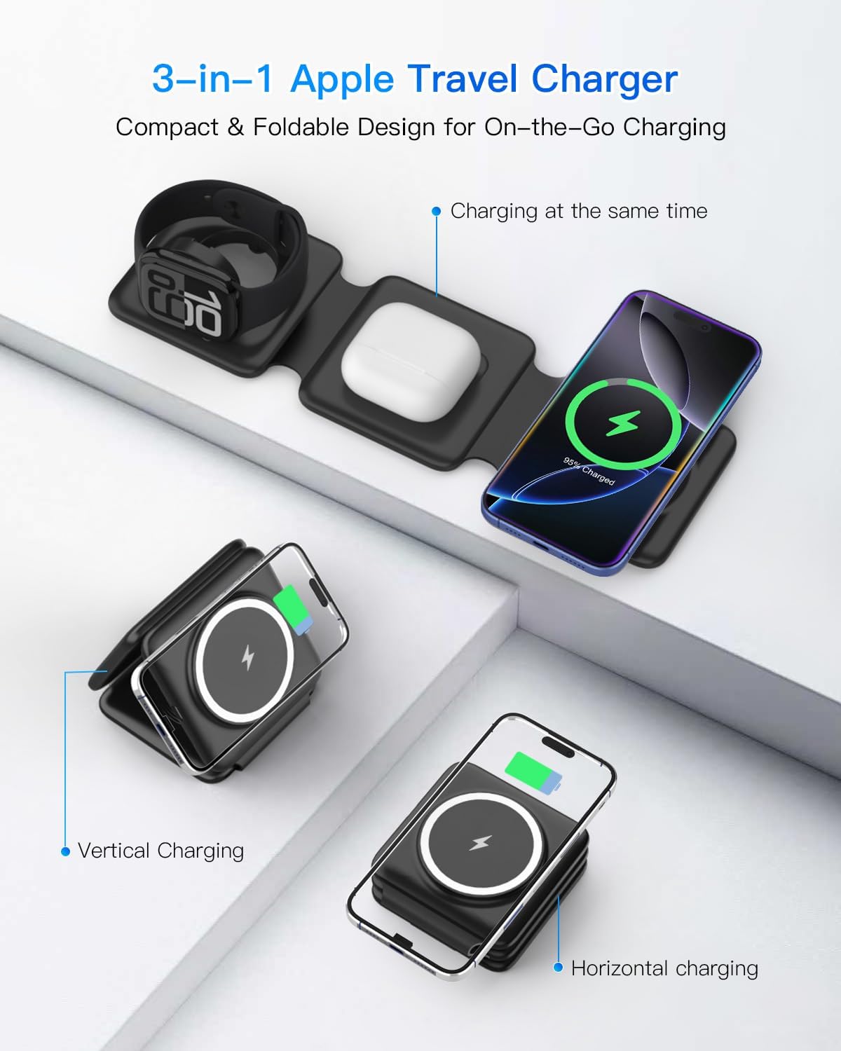 Magnetic Wireless Charger for iPhone: Fodable 3 in 1 Charging Station for Multiple Apple Devices - Travel Charging Pad Dock for Apple Watch iPhone 17 16 15 14 13 12 Pro Max Plus & Airpod
