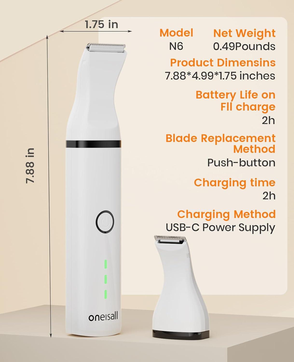 oneisall Dog Paw Trimmer, Cordless Paw Hair Trimmer for Dogs with Double Blades, Quiet 2 Speed Small Dog Grooming Clippers for Paws, Eyes, Ears, Face, Rump (White)