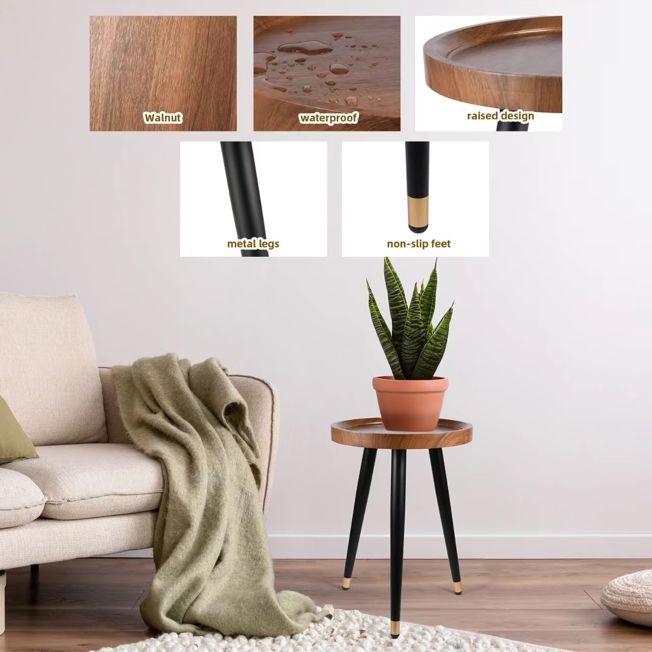 Plant Stand Indoor,Mid Century Walnut Wood Plant Table, Heavy Duty Metal Tall Flower Pot Stand,Modern Round Small Side End Table With Raised Design(12"x17")