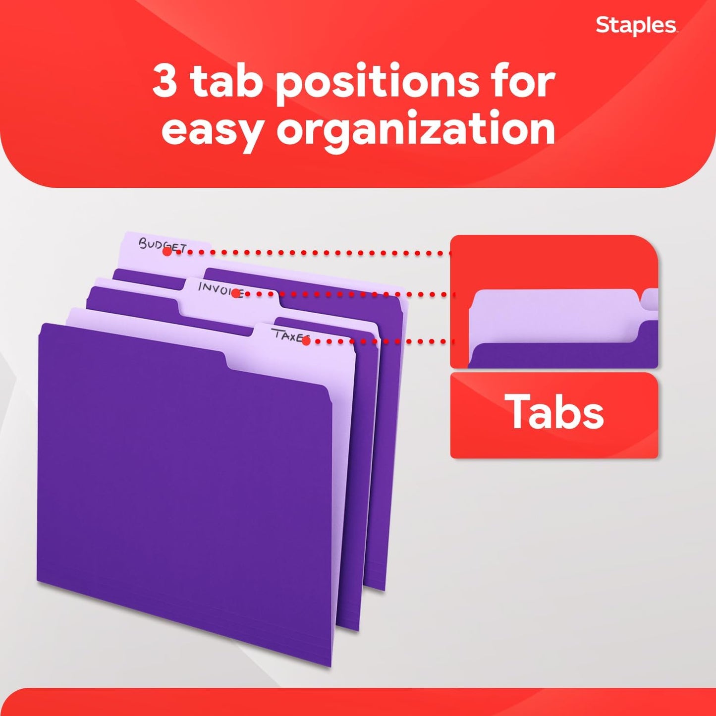 Staples File Folders, Letter Size, 1/3‑Cut Tabs, Purple, Durable 10.5‑Point Paper Stock, 100/Pack