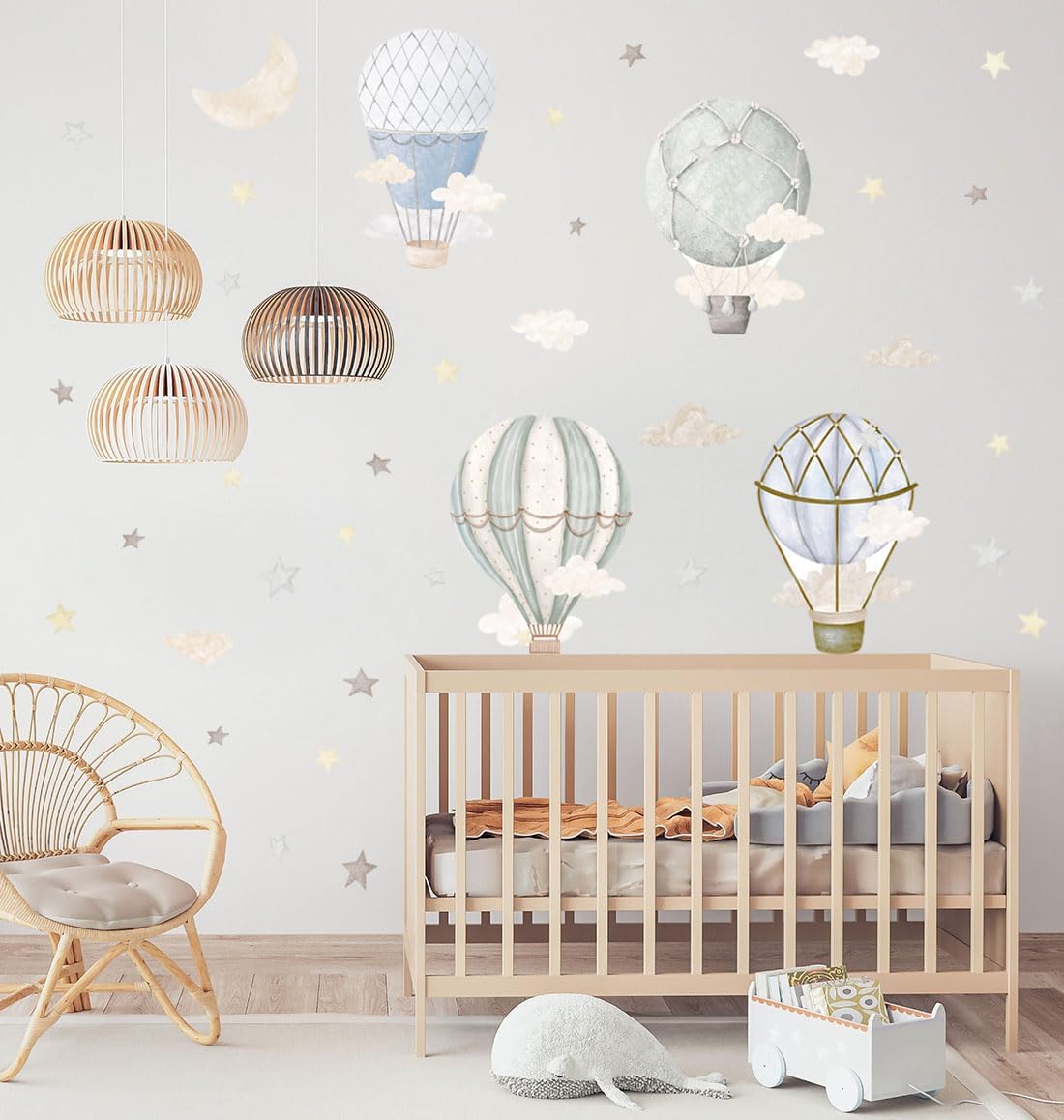Watercolor Hot Air Balloon Wall Decals, Stars Clouds Balloon Vinyl Wall Stickers, Peel and Stick Colorful Artwork for Nursery Bedroom Toddler Room Playroom Decor