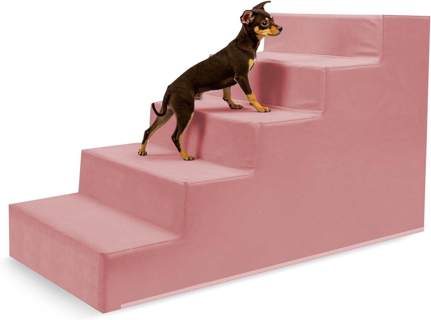 Pet Stairs for Small Dogs & Cats - 3/4/5 Steps, Non-Slip Extra Wide Design, Gentle Angle for Joint Protection, High Density Foam, Washable Cover, Fits Beds & Couches, 5 Steps-Warm Pink