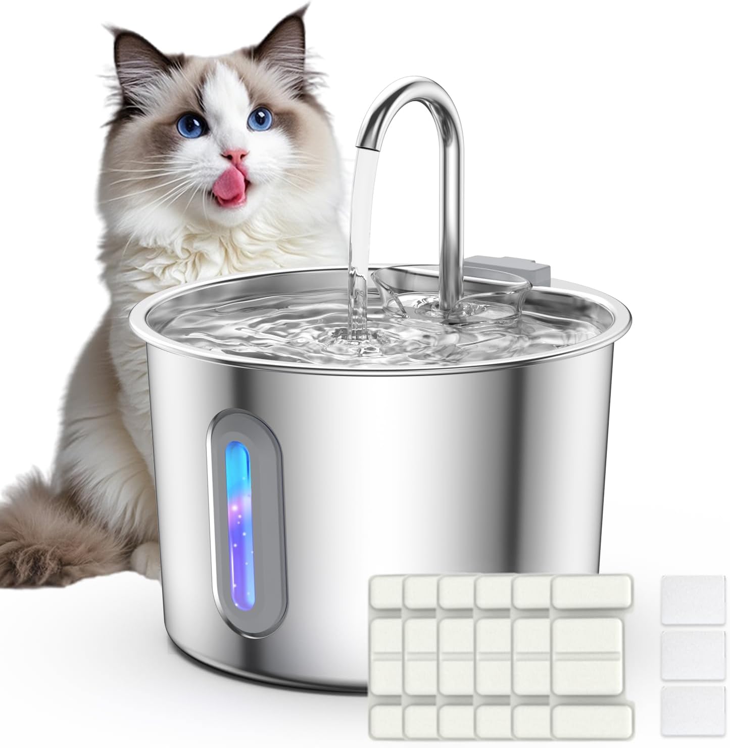 Cat Water Fountain 304 Stainless Steel 2.2L/74oz with 3 Filters & 3 Sponges, Easy to Clean, Automatic Pet Fountain Quiet Cats Water Dispenser, Gifts for Cats, Dogs