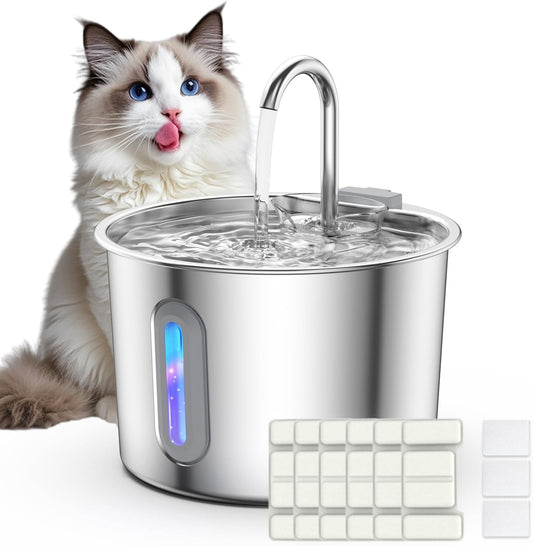 Cat Water Fountain 304 Stainless Steel 2.2L/74oz with 3 Filters & 3 Sponges, Easy to Clean, Automatic Pet Fountain Quiet Cats Water Dispenser, Gifts for Cats, Dogs