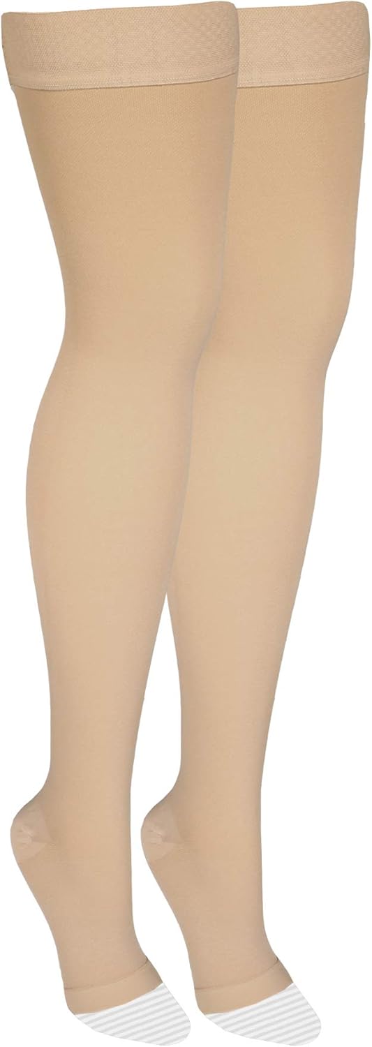 Amazon Basic Care Medical Compression Stockings, 20-30 mmHg Support, Women & Men Thigh Length Hose, Open Toe, Beige, Medium (Previously NuVein)
