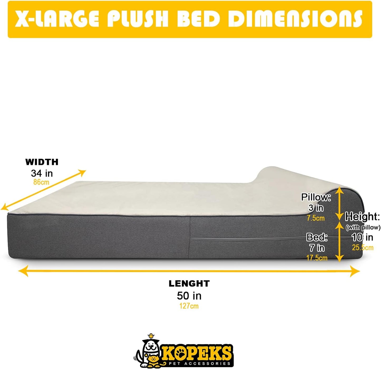 KOPEKS Dog Bed Replacement Cover Memory Foam Beds - Extra Large (Jumbo Size) - Deluxe Grey