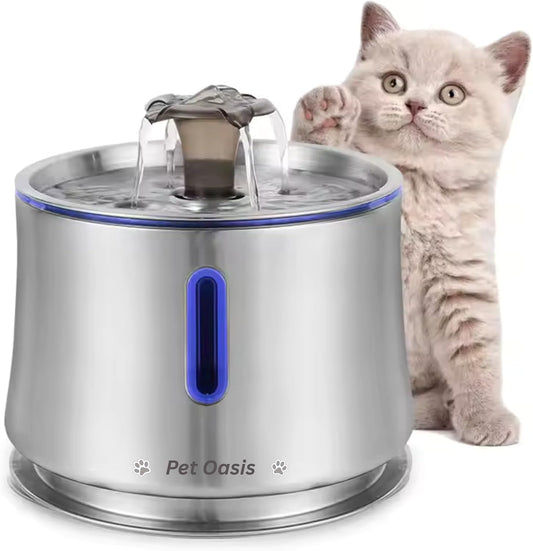 Cat Water Fountain 84oz/2.5L Stainless Steel, Automatic Dog Water Dispenser, Ultra-Quiet Pump, Water Level Window, BPA-Free, Advanced Filtration with 2 Filters for Cats, Dogs & Multiple Pets.