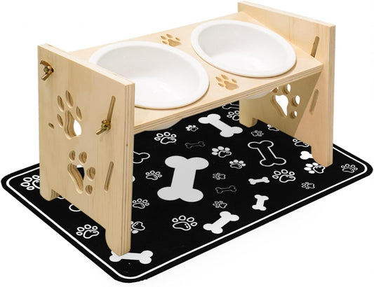 2026 New Elevated Cat Bowls with Food Mat, Adjustable Height & Angle Raised Cat & Dog Bowls Stand for Food and Water, Cat or Small Dog Feeding Station, 2 Ceramic Bowls for Cats and Puppy(Natural Wood)