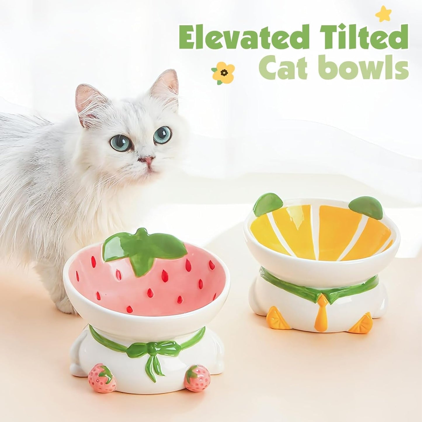 kathson Ceramic Raised Cat Bowl, 15° Tilted Elevated Cat Food Bowl, Raised Cat Food Bowls Anti Vomiting, Small Cat Feeding Bowlswith Stand for Protecting Spine, Strawberry Shaped Cute Kitten Bowl