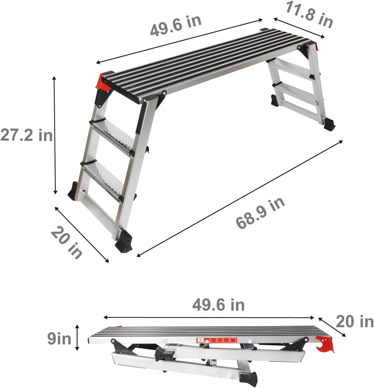 LEADALLWAY Aluminum Work Platform 50"x12" 2 Step Ladder Folding Portable Work Bench with Non-Slip Mat Capacity 660 LBS Heavy Duty