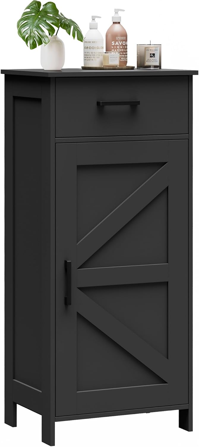 Homhedy 35.4" H Bathroom Cabinet with Drawer, Bathroom Organizers and Storage, Adjustable Shelves, Floor Cabinet for Living Room, Entryway, Kitchen, Black, (15.7" W)