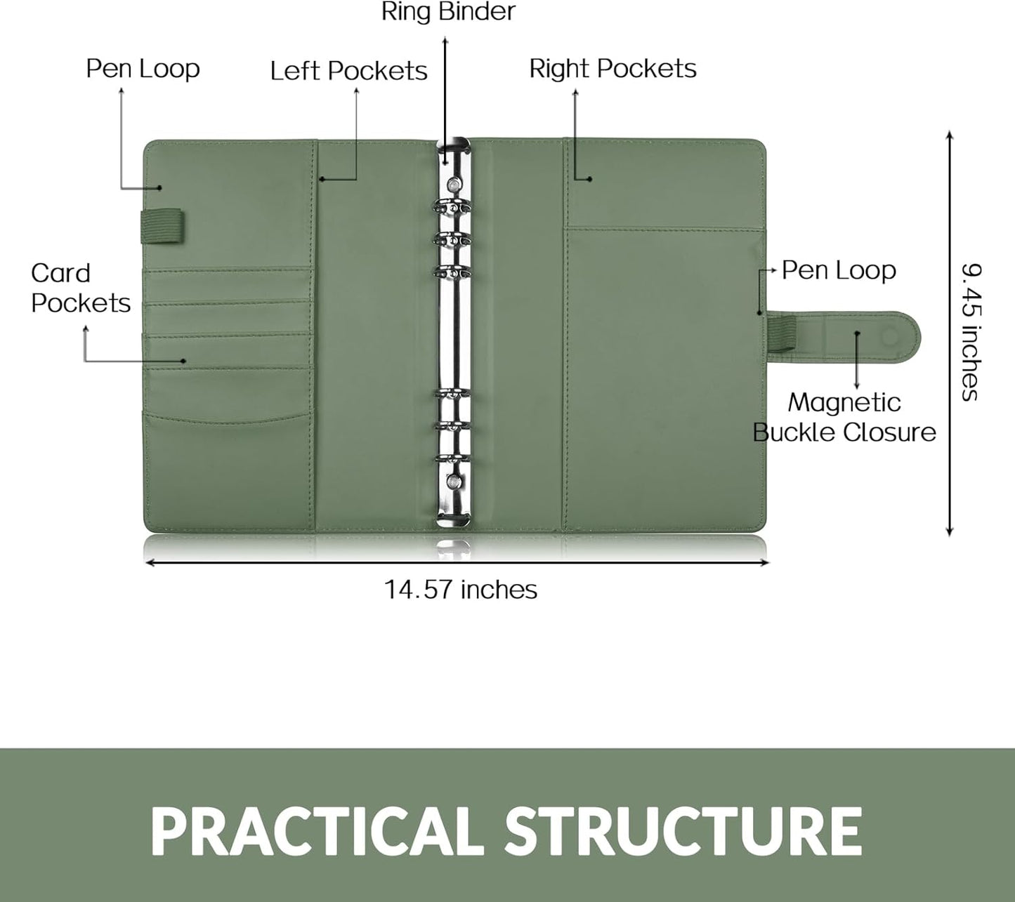 Sooez A5 Notebook Binder, 6 Ring Planner with Stylish Design, Loose Leaf Personal Organizer Cover with Magnetic Buckle Closure, PU Leather Binder for Women with Soft Colors (Olive Green)
