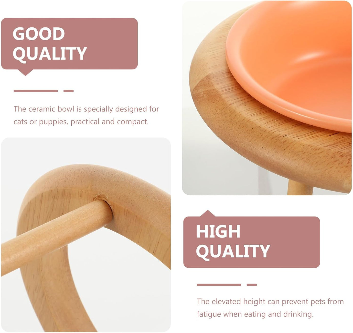 Milisten Ceramic Cat Food Bowl with Oak Stand 600ml Raised Pet Feeding Bowl Neck Protection Elevated Cat and Dog Feeder for Home Use