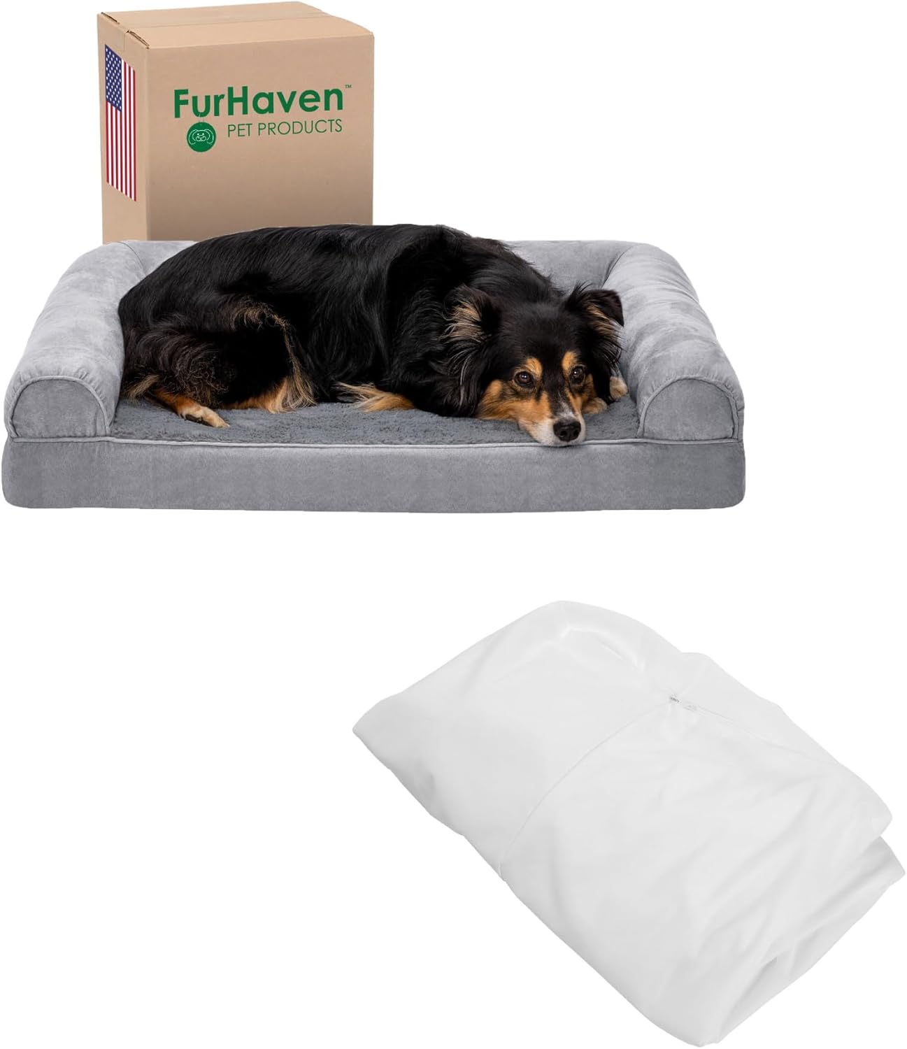 Furhaven Dog Bed Sofa Plush & Suede Sofa - Gray, Large W/Same Size Waterproof Liner
