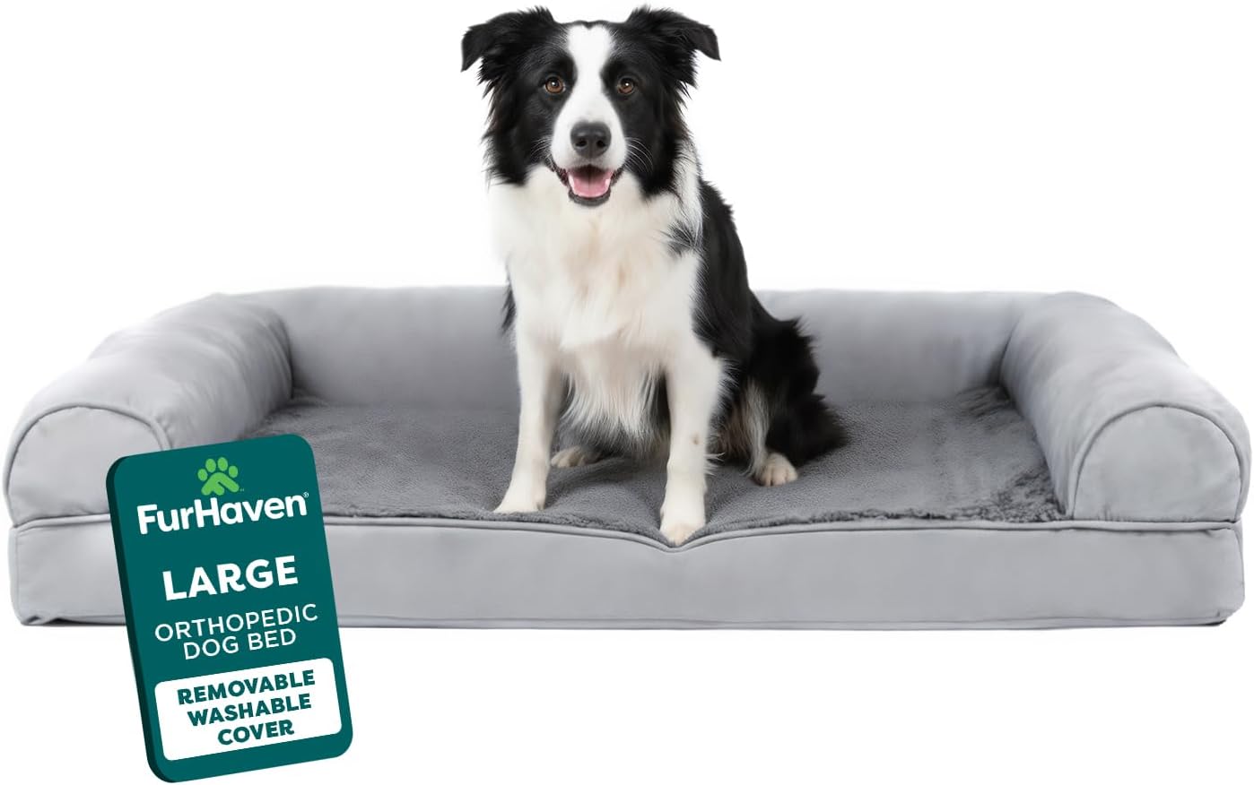 Furhaven Orthopedic Dog Bed for Large/Medium Dogs w/ Removable Bolsters & Washable Cover, For Dogs Up to 55 lbs - Plush & Suede Sofa - Gray, Large