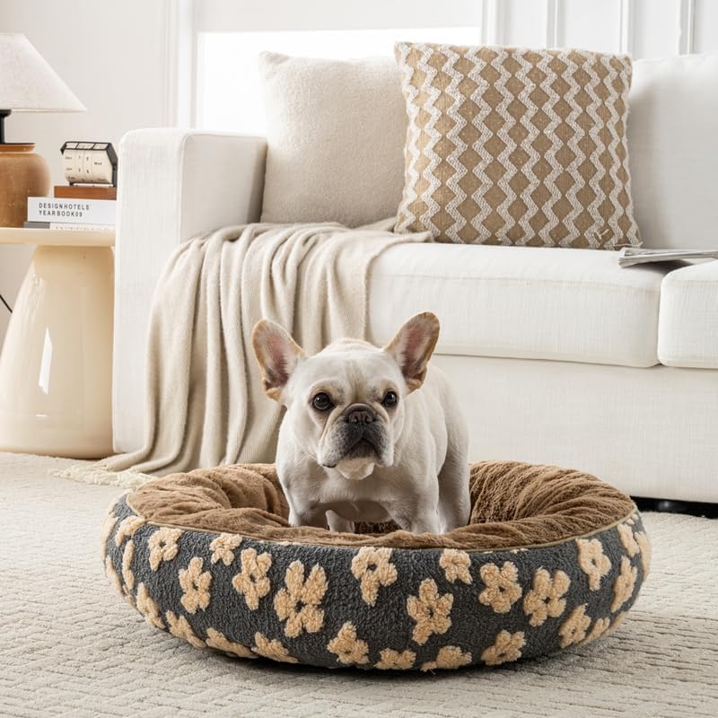 Happy Pets Luxury Orthopedic Pet Bed, Jacquard Brown, or Light Gray, Round Nest Bolster Design, Machine Washable Cover, for All Sized Dog and Cat Breeds (Brown, 30" x 30" x 8")
