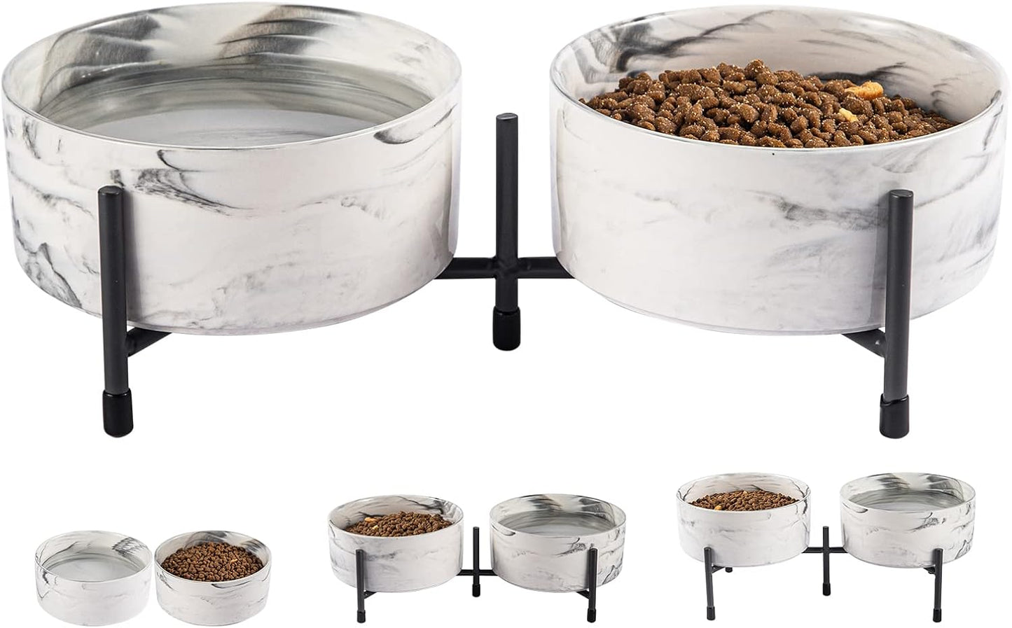 TAMAYKIM 32 oz Ceramic Dog Cat Bowls with Elevated Metal Stand, 6 Inch Porcelain Round Food and Water Bowl Set, Non-Slip Pet Feeder Bowls for Cats & Dogs, Marble Grey, Set of 2