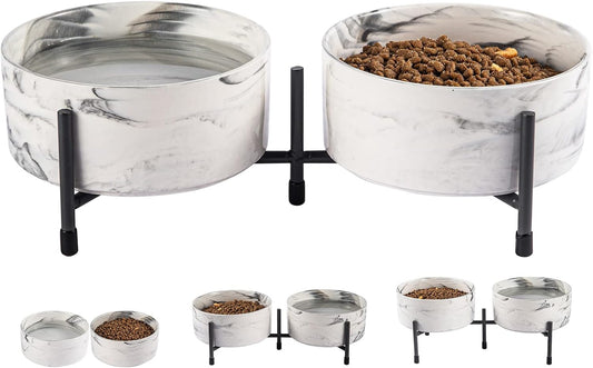 TAMAYKIM 32 oz Ceramic Dog Cat Bowls with Elevated Metal Stand, 6 Inch Porcelain Round Food and Water Bowl Set, Non-Slip Pet Feeder Bowls for Cats & Dogs, Marble Grey, Set of 2