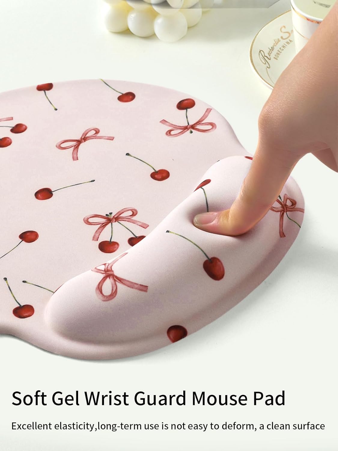 Seorsok Retro Ribbon Bow Cherry Mouse Pad with Gel Wrist Support Mouse Pad,Ergonomic Aesthetic,Comfort Mousepad for Office Work Computer,Pain Relief Mousepad with Non-Slip Silicone Base,Pink