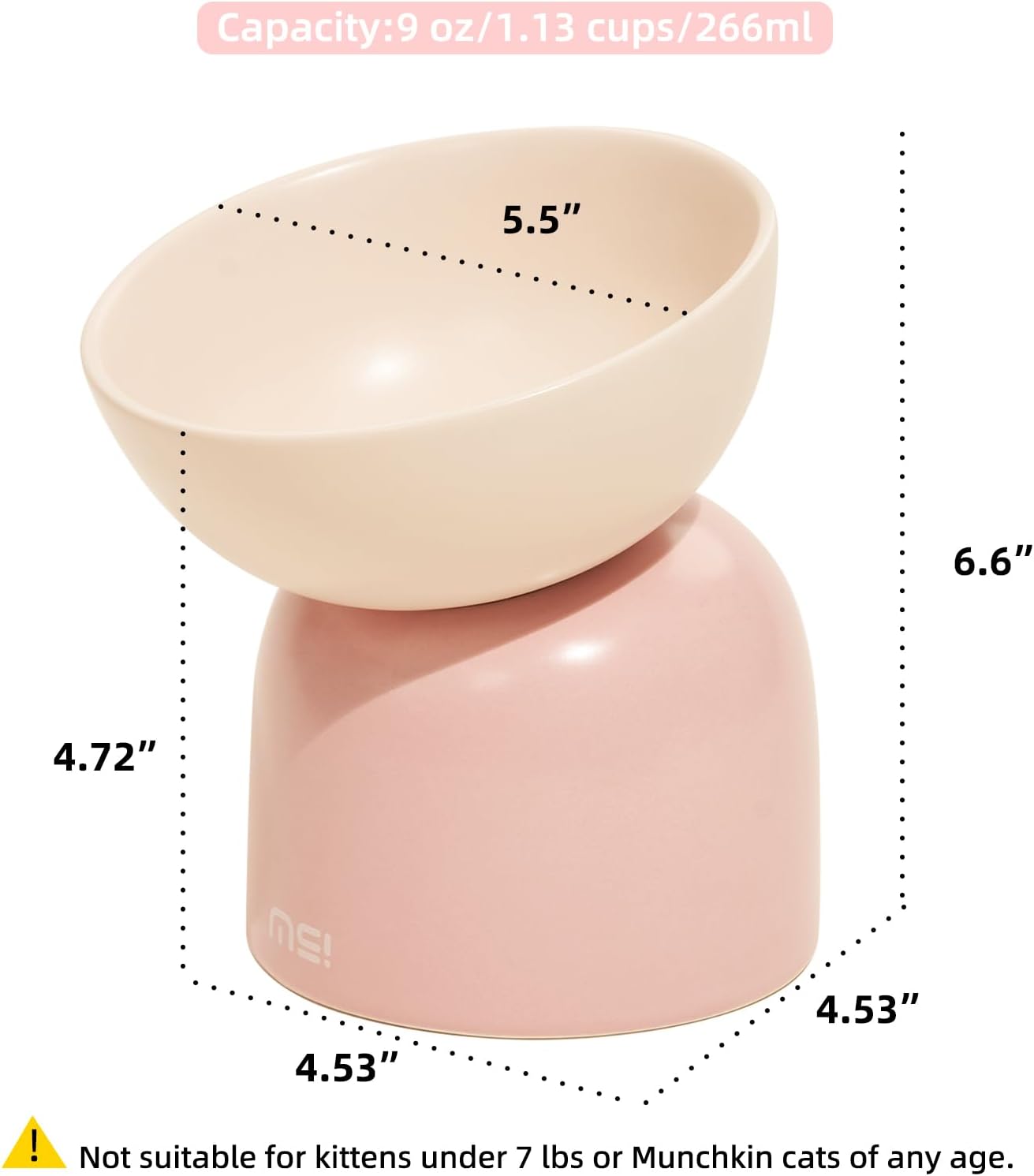 Elevated Ceramic Cat Food Bowl - 5.5" Wide Dish for Whikser Friendly, 6.6" Height for Easy Feeding, Lead & Cadmium Free, Durable Raised Cat Food Bowls, Pink