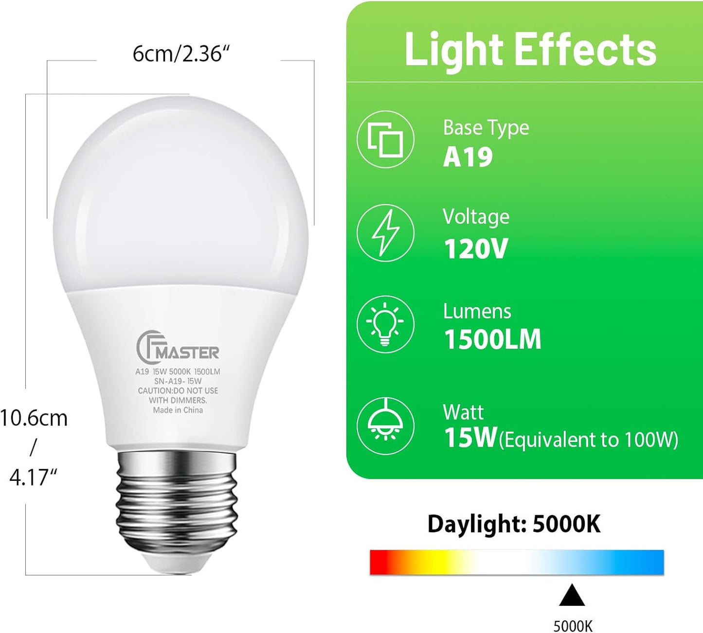 A19 LED Light Bulb, 100W Equivalent Light Bulbs, 15W 5000K Daylight, 1500 Lumens, Non-Dimmable LED Bulb, E26 Standard Base for Indoor and Outdoor, ETL Listed, 6-Pack