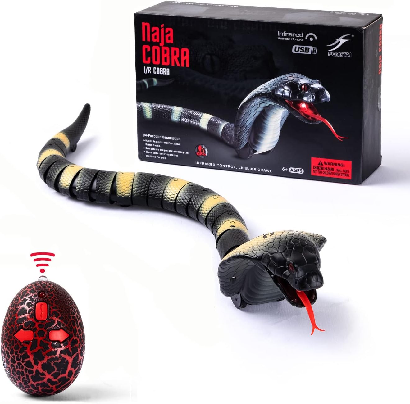 RC Snake Toy: Realistic Prank Cobra, Rechargeable, Smart Sensing, Infrared Controller for Kids/Cat (Black)