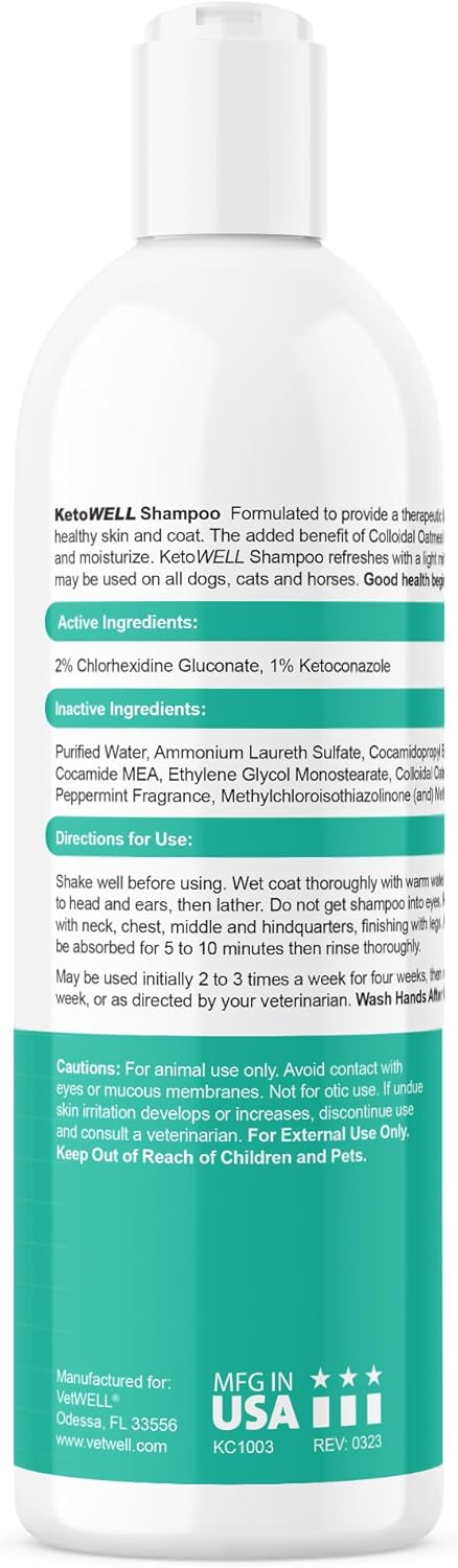 VetWELL Shampoo for Dogs Cats & Horses - Topical Shampoo with Oatmeal & Aloe -12oz Mint Scent