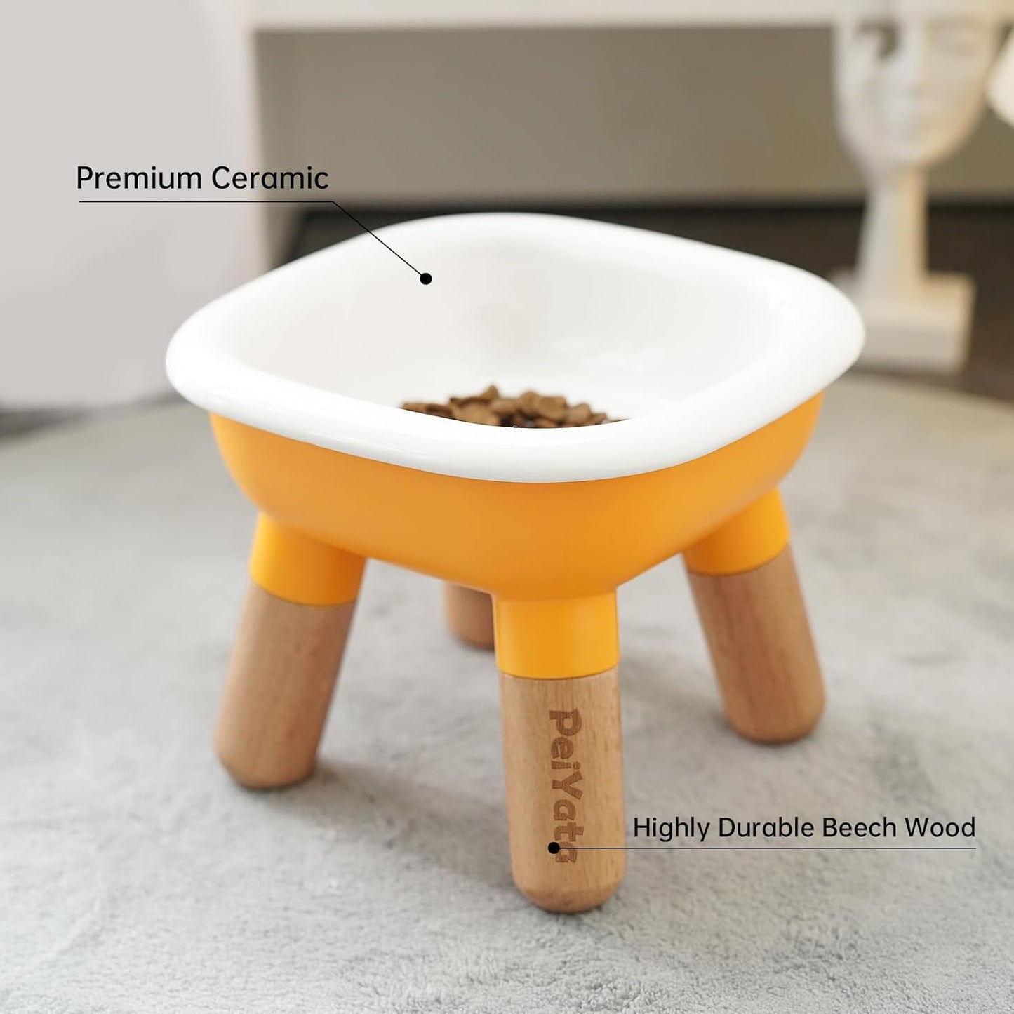 Elevated Cat Bowl and Dog Bowl - Ceramic Raised Pet Bowl with ABS & Beech Wood Stand for Neck & Whisker Relief,Weighted Food or Water Set for Cats & Small Dogs 13.5OZ