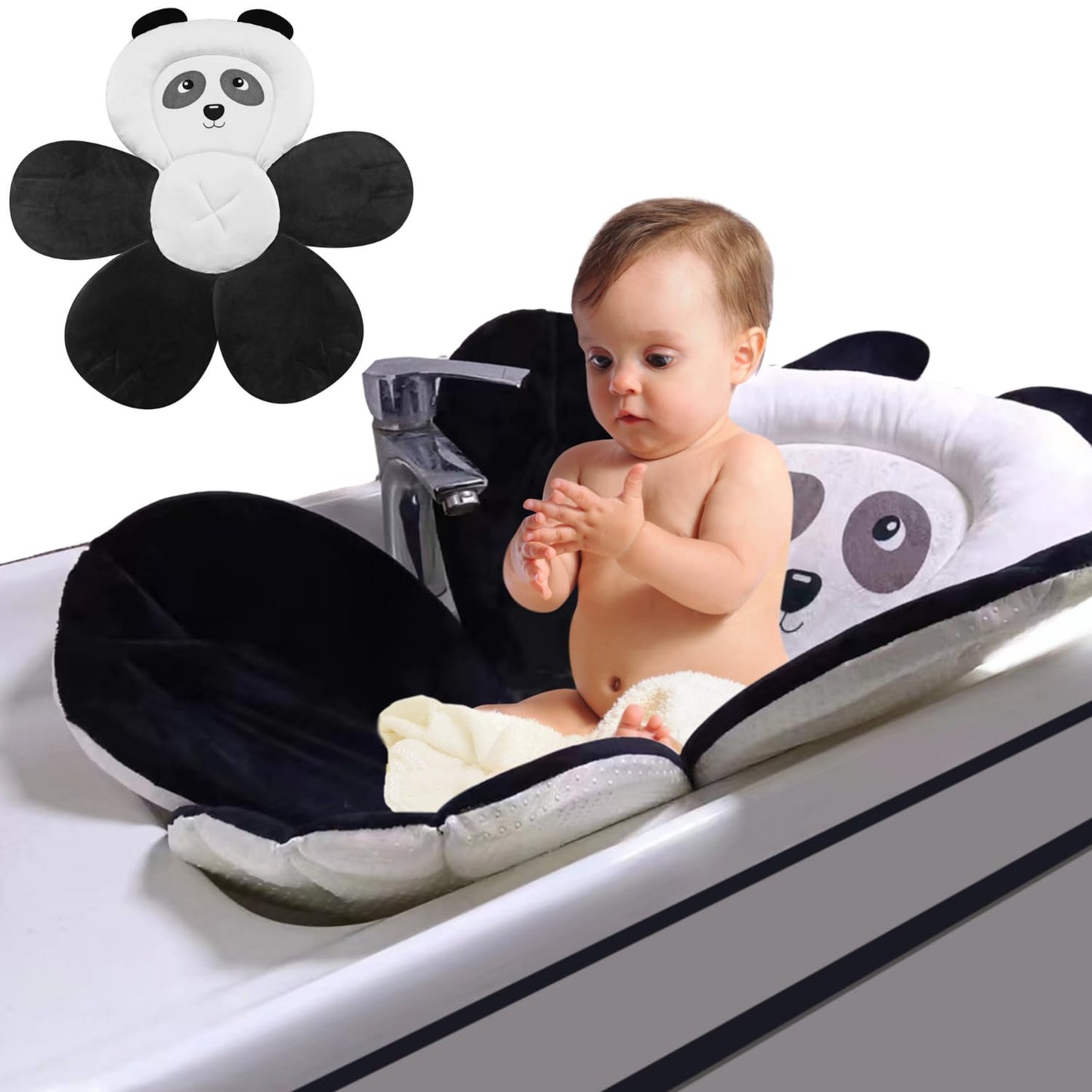 PandaEar Baby Bath Pad for Infant Newborn | Bath Seat Soft Panda Cushion Mat for Sink Bathtub Essentials Shower Gift (Black)