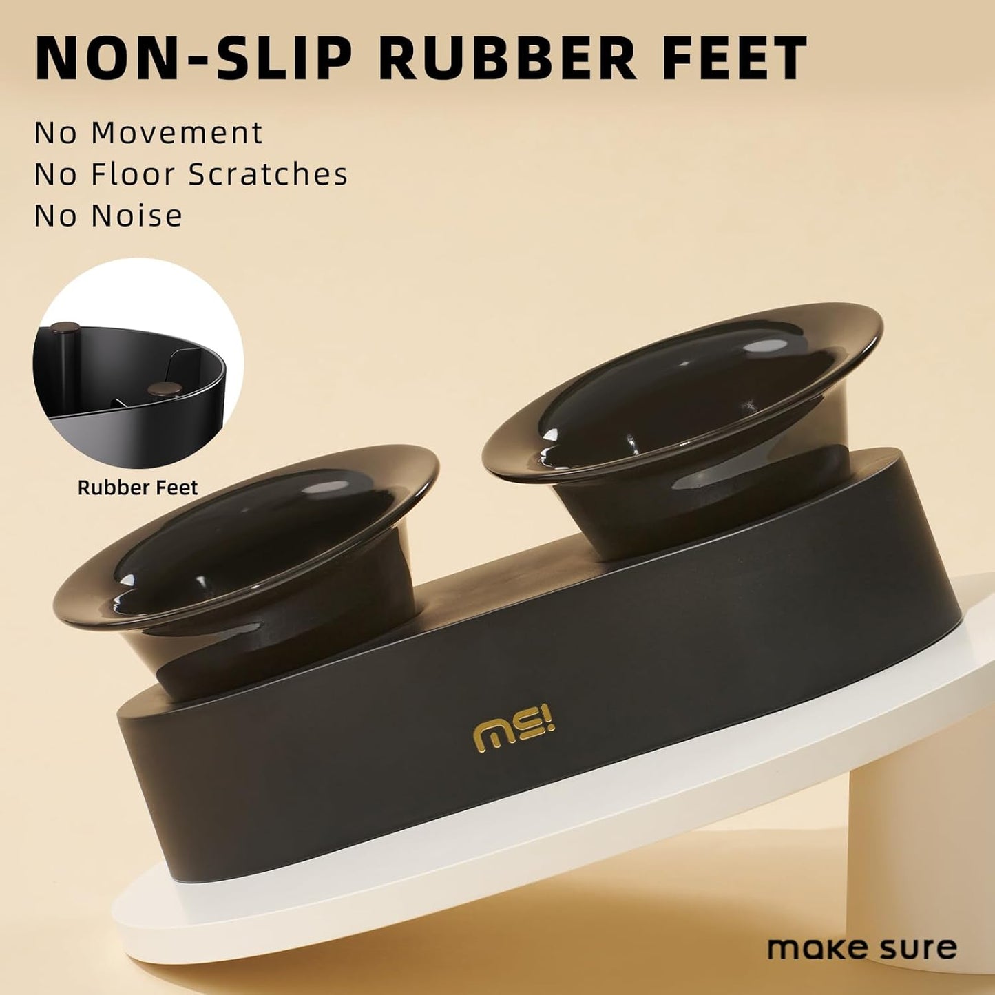 MS!MAKE SURE Raised Cat Bowls Set - Ceramic Dishes with Non-Slip Stand, 9° Tilted, Lead & Cadmium Free, for Small Dogs and Cats, 6.5" Wide - 2 x 320ML (10.8 oz), Black