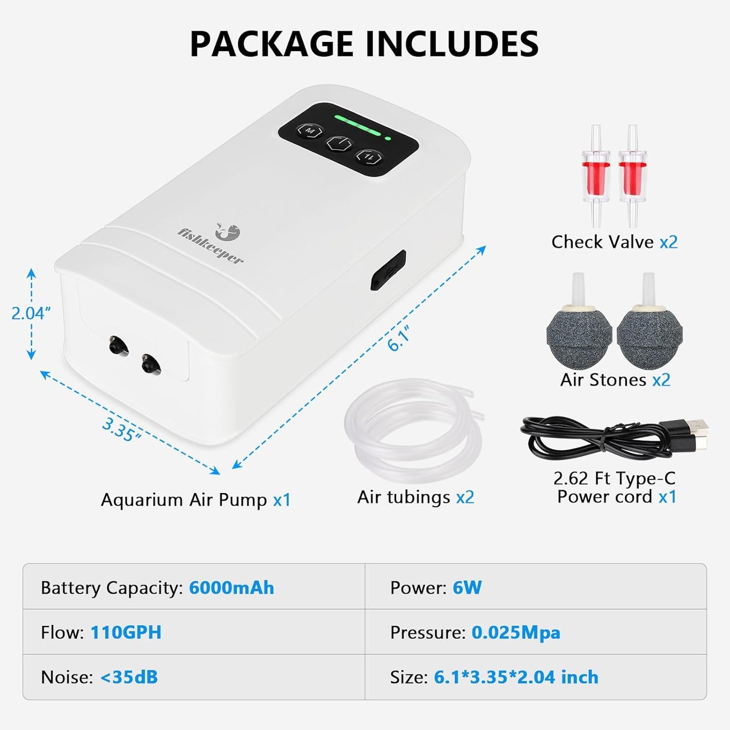 fishkeeper Battery Powered Aquarium Air Pump, USB Rechargeable Aerator Fish Tank Air Pump for 5-125 Gallons Portable Oxygen Pump for Outdoor Fishing, Power Outages and Emergency (4W 80GPH)