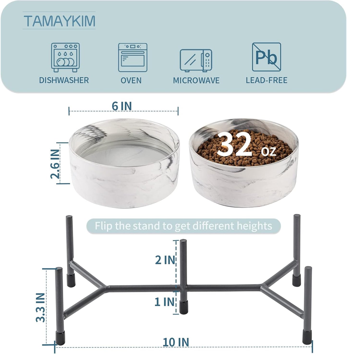 TAMAYKIM 32 oz Ceramic Dog Cat Bowls with Elevated Metal Stand, 6 Inch Porcelain Round Food and Water Bowl Set, Non-Slip Pet Feeder Bowls for Cats & Dogs, Marble Grey, Set of 2