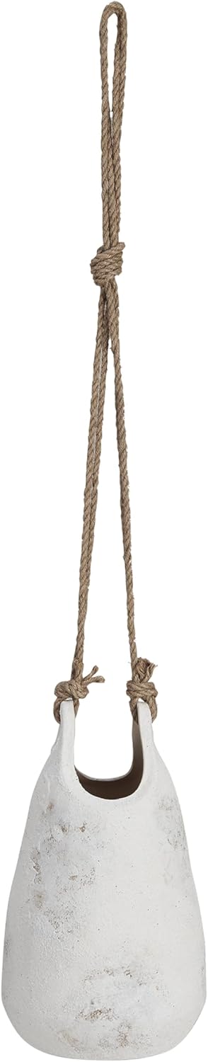 Creative Co-Op Large Stoneware Hanging Planter with Jute Rope Hanger and Distressed Volcano Finish, White
