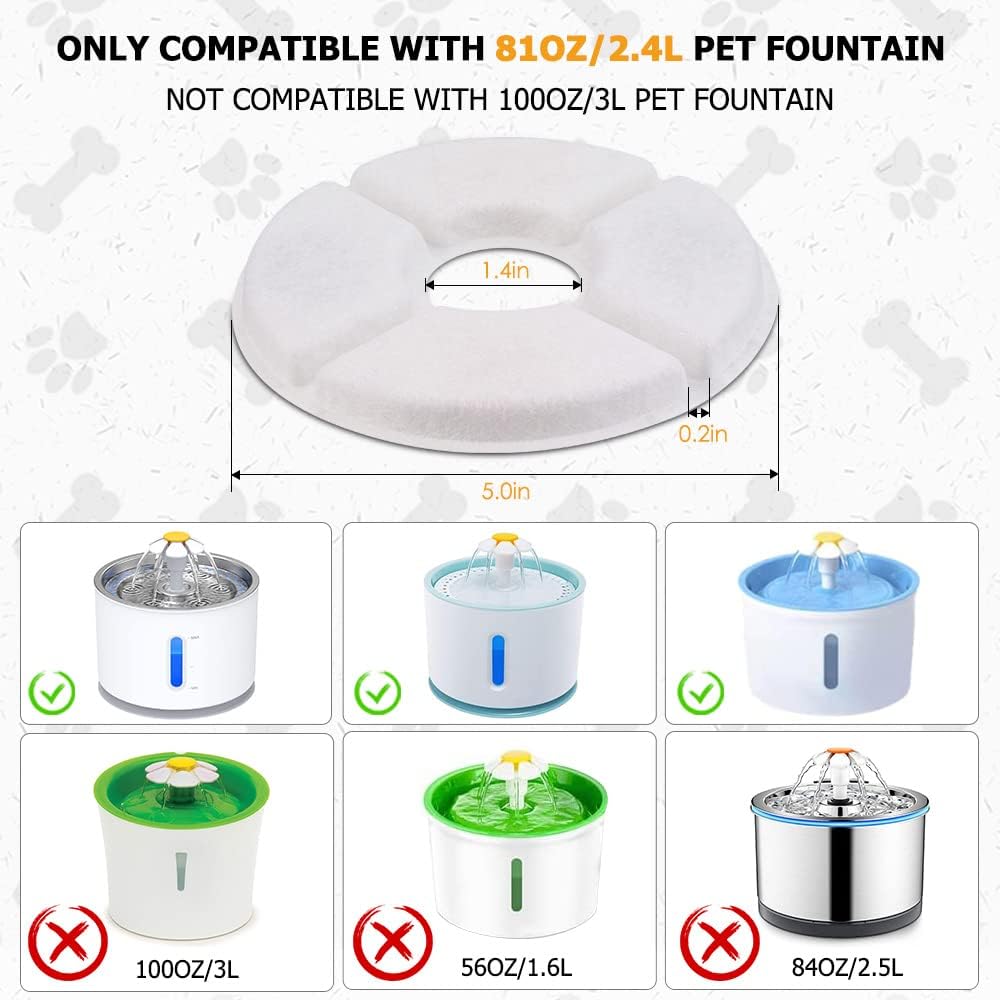Comsmart Pet Fountain Filter Set, 3 Triple Filtration System Replacement Cat Water Fountain Filters for Round 81oz/2.4L Automatic Pet Fountain Cat Water Fountain (Pack of 8)