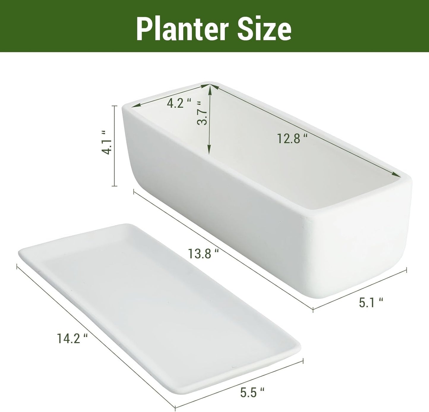 MyGift 14 Inch Ceramic Indoor Plant Pot with Drainage Hole, Rectangular Succulent Planter Window Box with Removable Saucer, Unglazed White